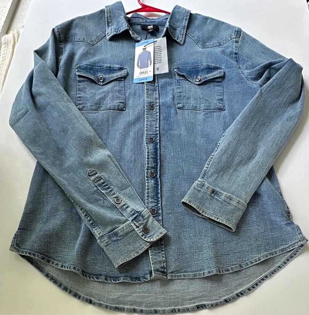 Frye Mens Denim Shirt Blue Solid Long Sleeve Button-Up Pockets Size L NWT Jean